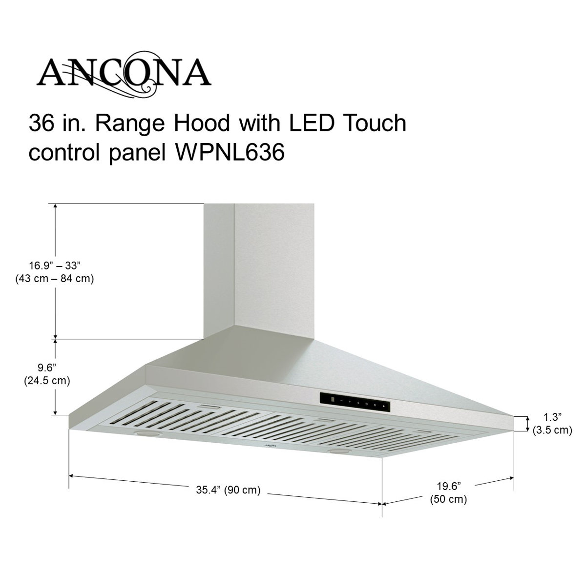 Ancona 35.5" 650 CFM Convertible Wall Mount Range Hood in Stainless